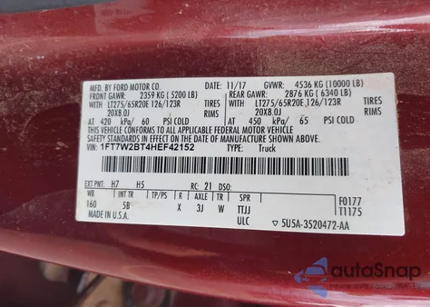 2017 Ford F-250 Lariat z USA, uszkodzony, nr VIN 1FT7W2BT4HEF42152